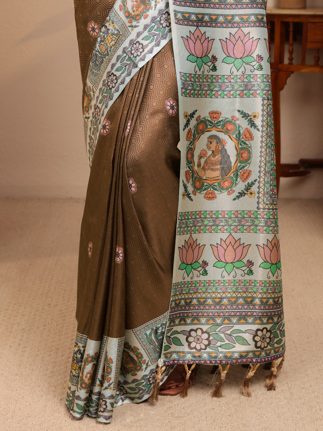  Brown Madhubani Print Silk Blend Saree 