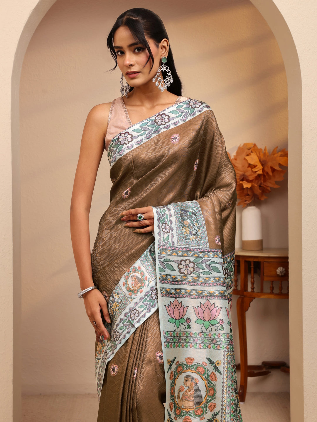  Brown Madhubani Print Silk Blend Saree 