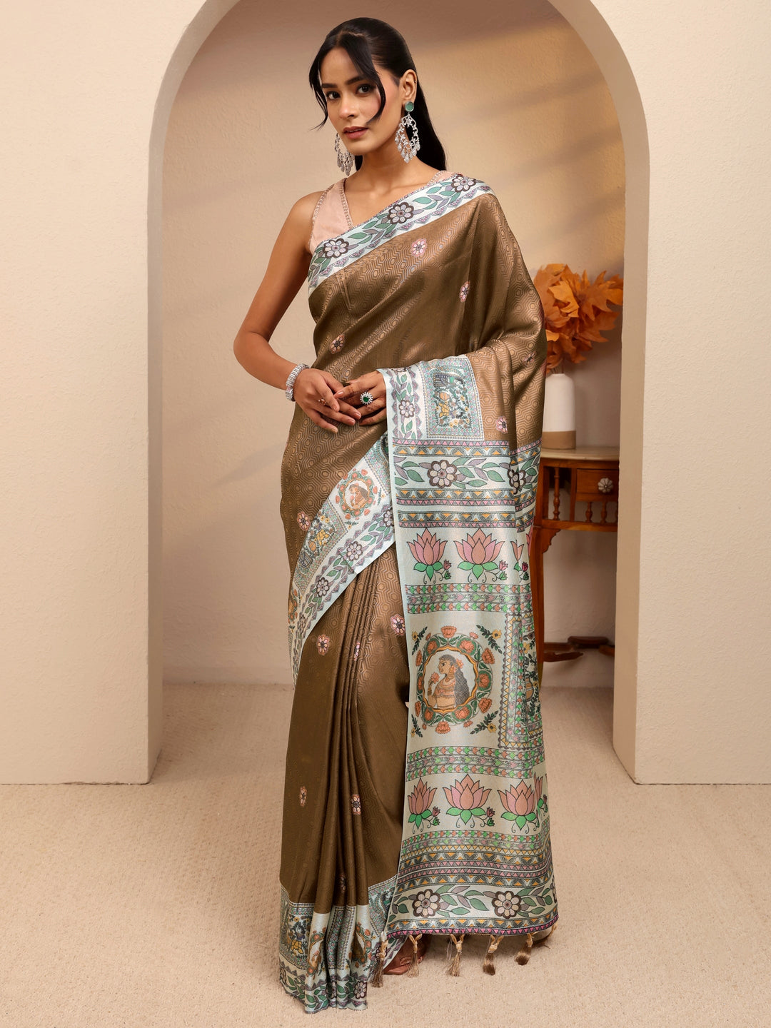  Brown Madhubani Print Silk Blend Saree 