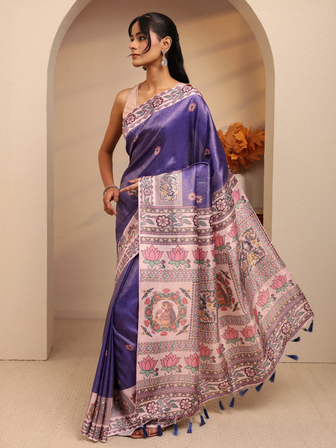  Purple Madhubani Print Silk Blend Saree 