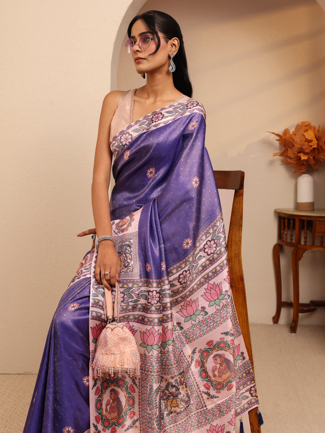  Purple Madhubani Print Silk Blend Saree 