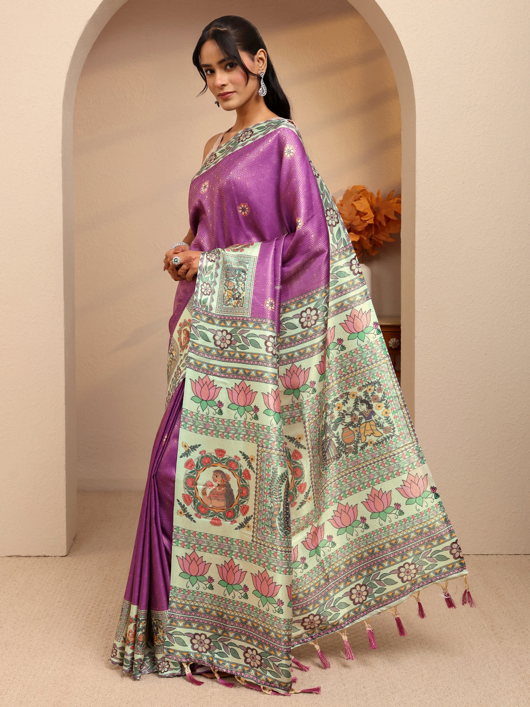 Lavender Madhubani Print Silk Blend Saree 