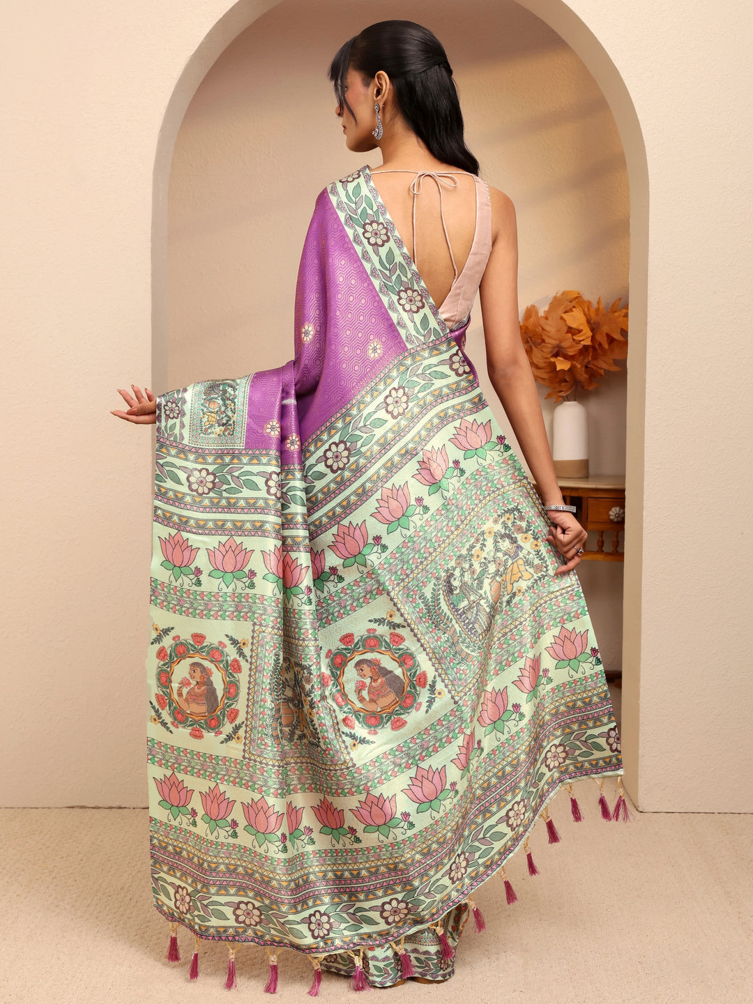 Lavender Madhubani Print Silk Blend Saree 