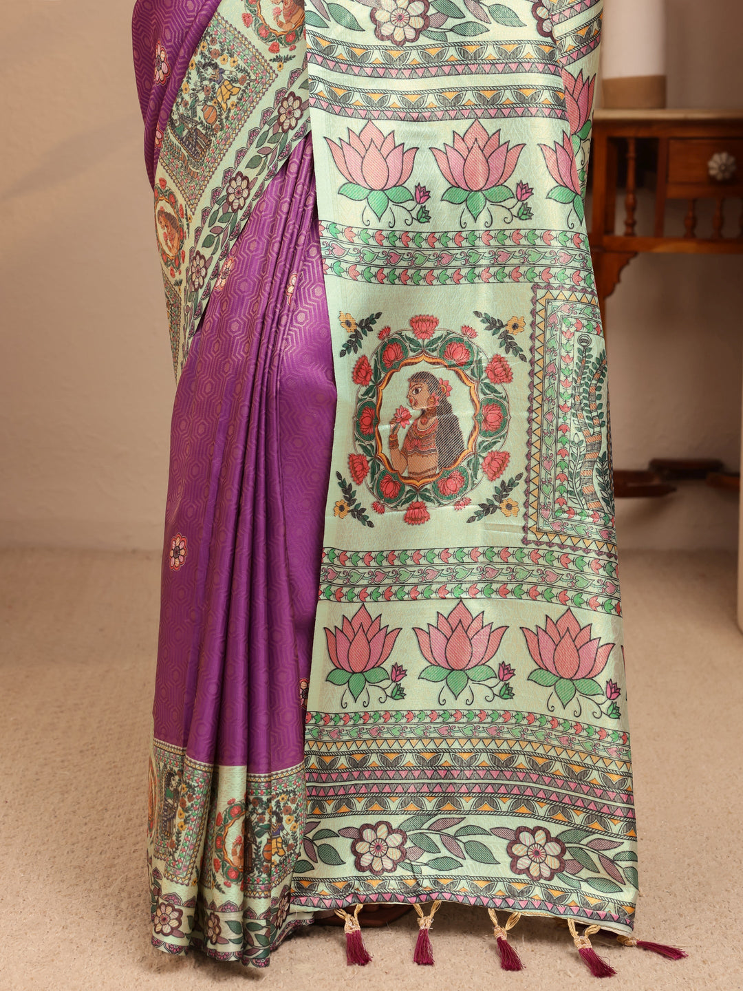  Lavender Madhubani Print Silk Blend Saree 