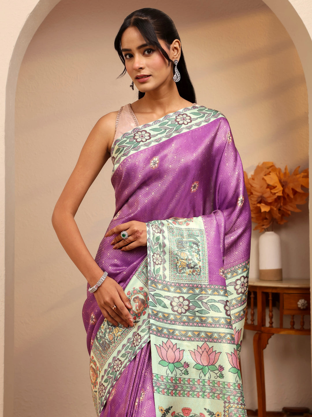  Lavender Madhubani Print Silk Blend Saree 