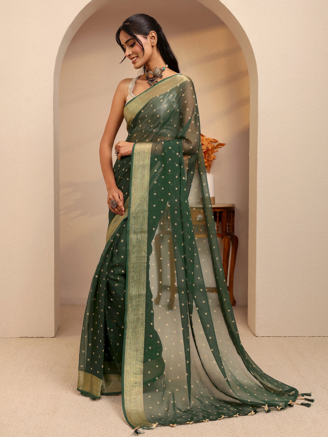  Forest Green Floral Printed Georgette Pre Draped Saree 