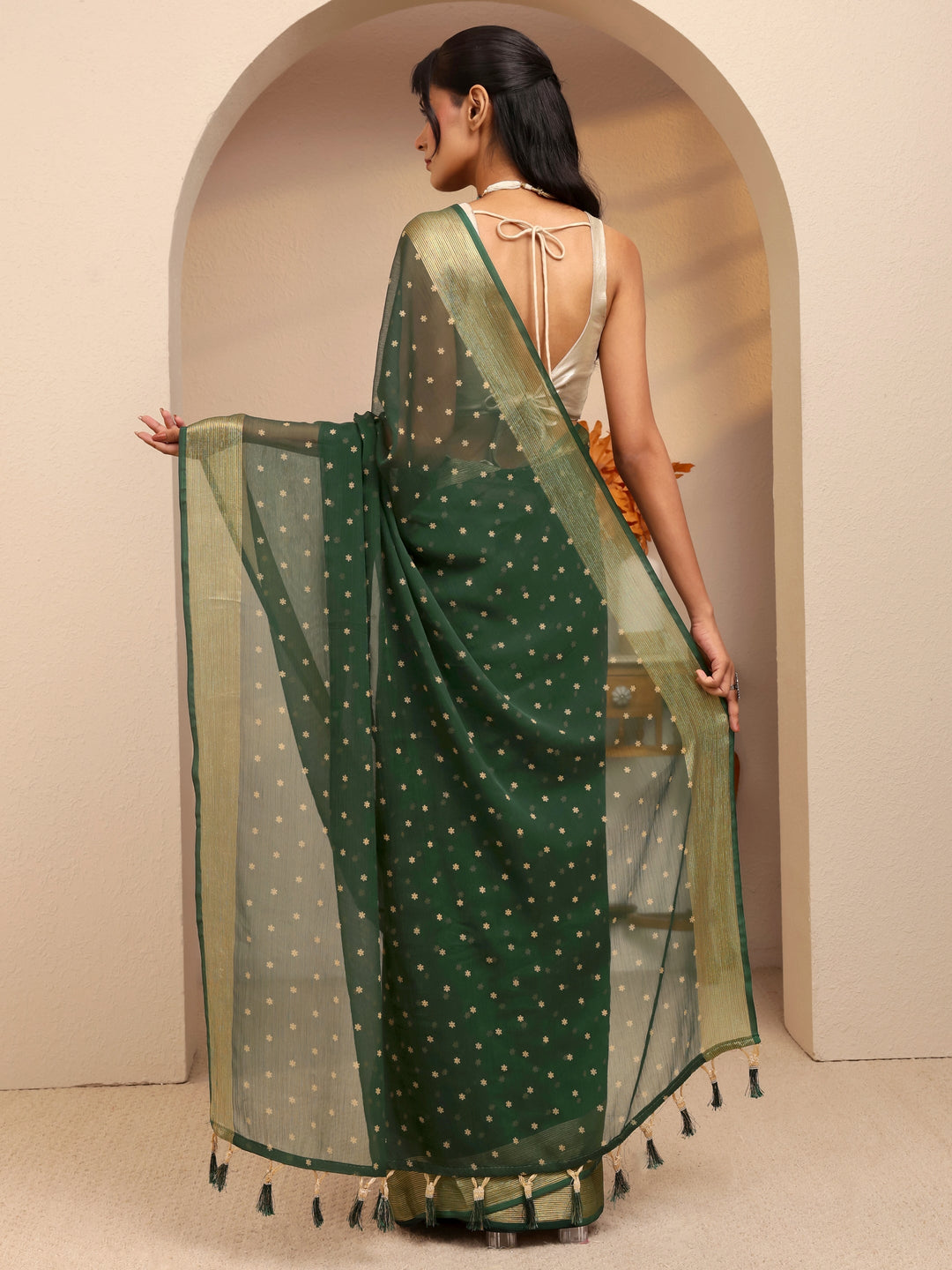  Forest Green Floral Printed Georgette Pre Draped Saree 
