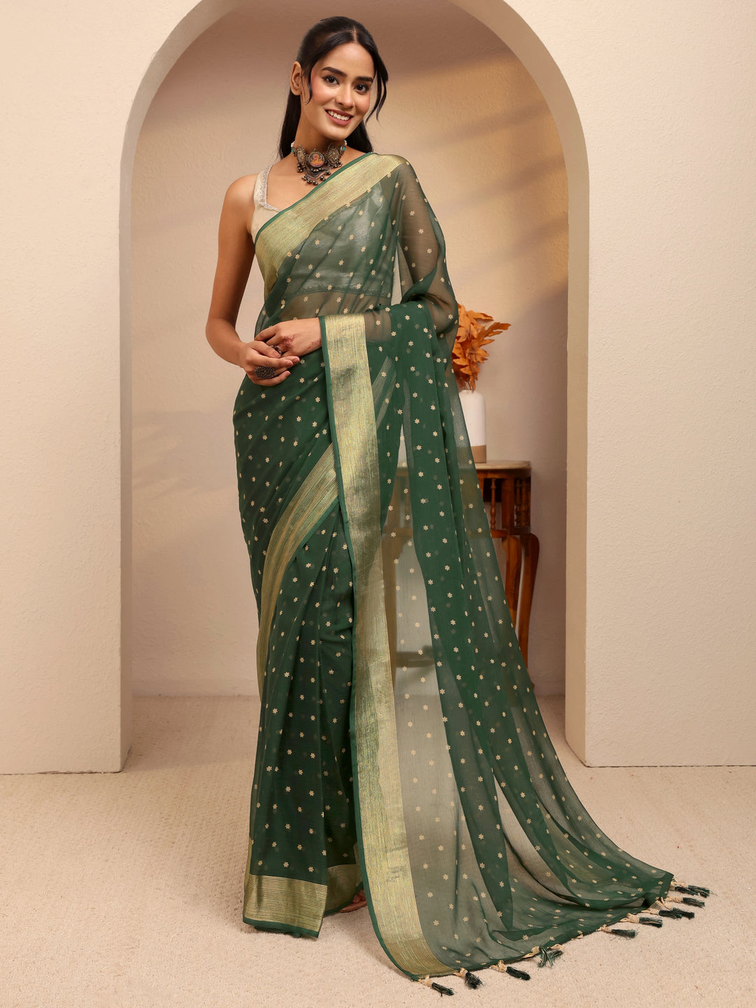  Forest Green Floral Printed Georgette Pre Draped Saree 