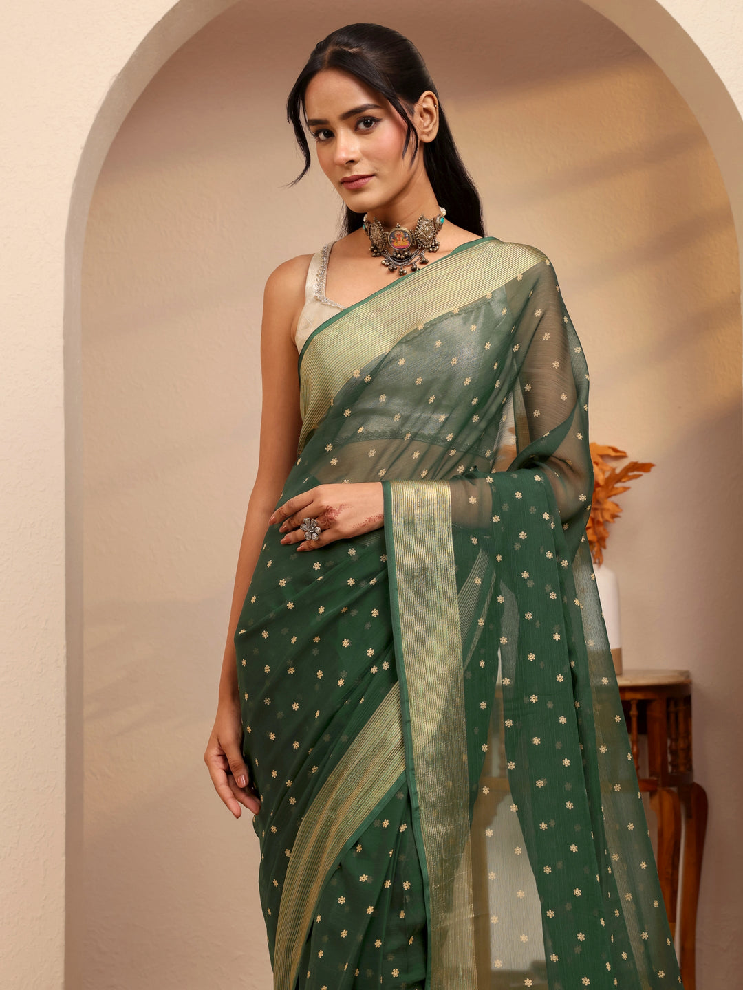  Forest Green Floral Printed Georgette Pre Draped Saree 