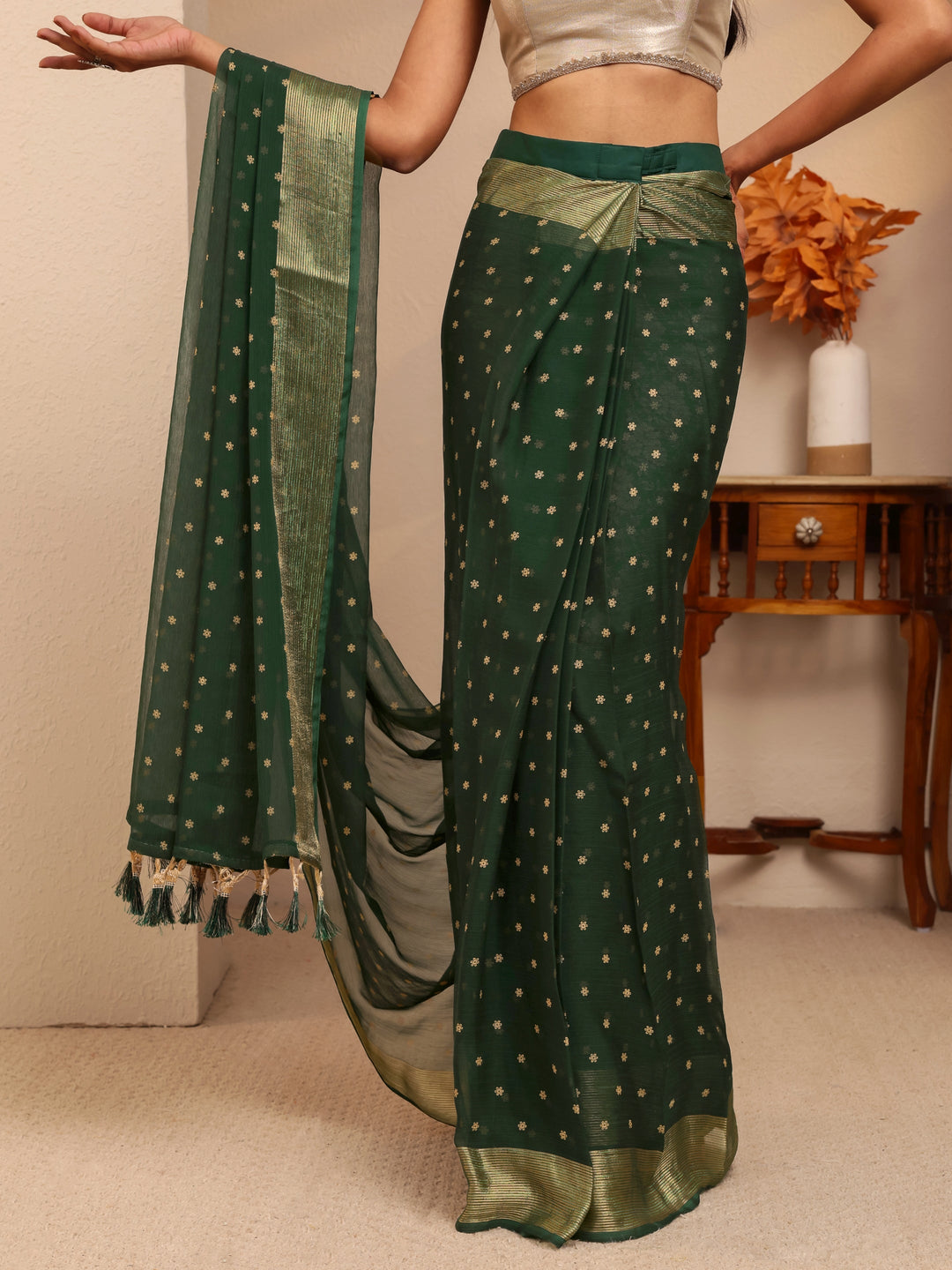  Forest Green Floral Printed Georgette Pre Draped Saree 