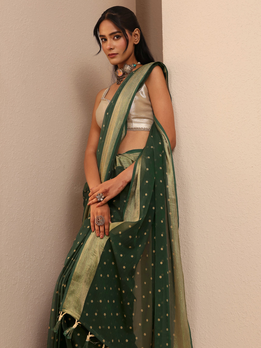  Forest Green Floral Printed Georgette Pre Draped Saree 