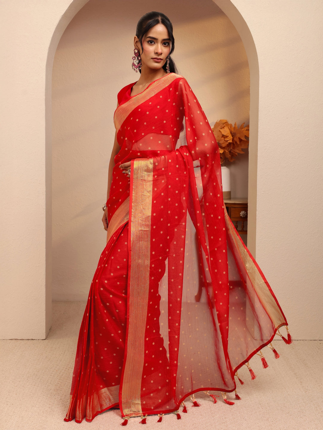  Vermillion Red Floral Printed Georgette Pre Draped Saree 
