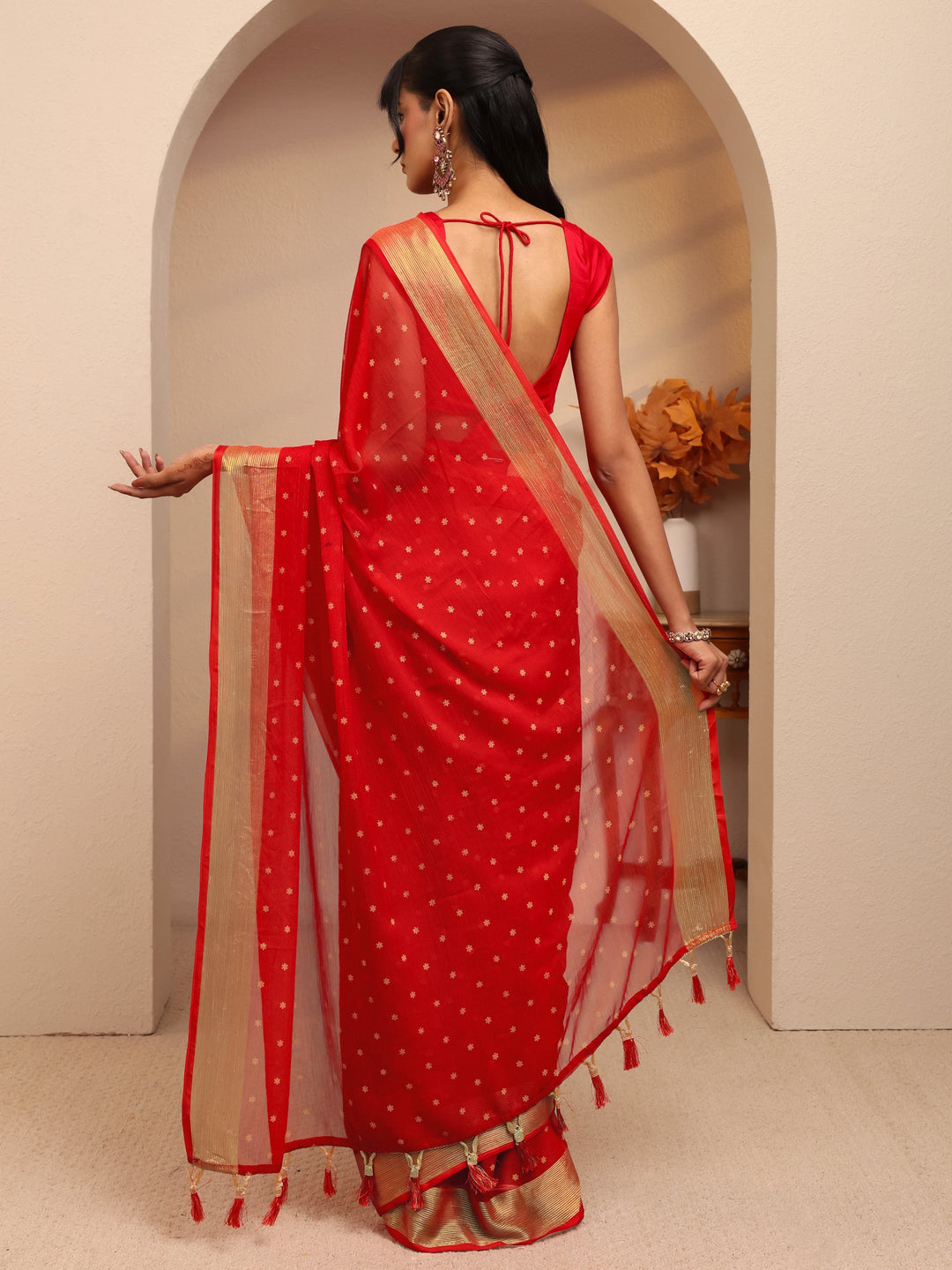  Vermillion Red Floral Printed Georgette Pre Draped Saree 