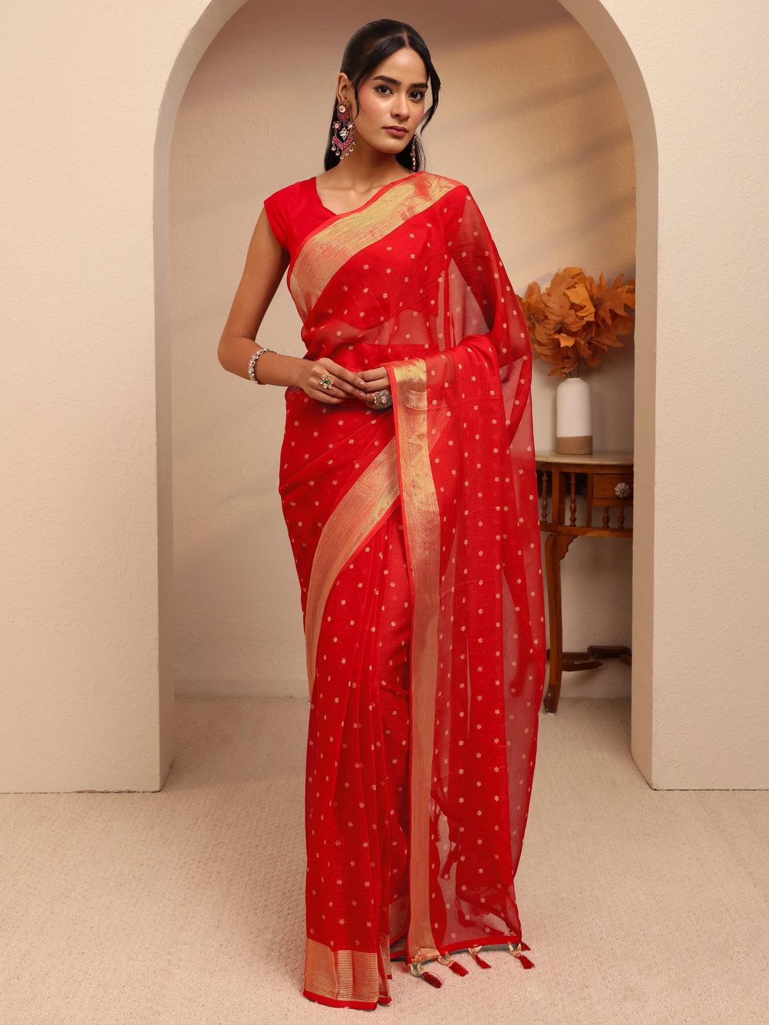  Vermillion Red Floral Printed Georgette Pre Draped Saree 