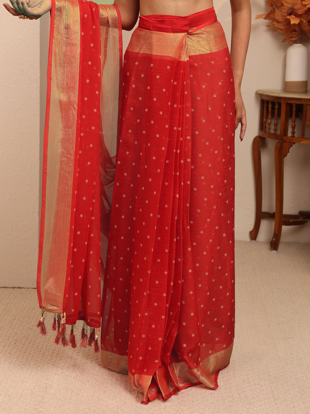 Vermillion Red Floral Printed Georgette Pre Draped Saree 