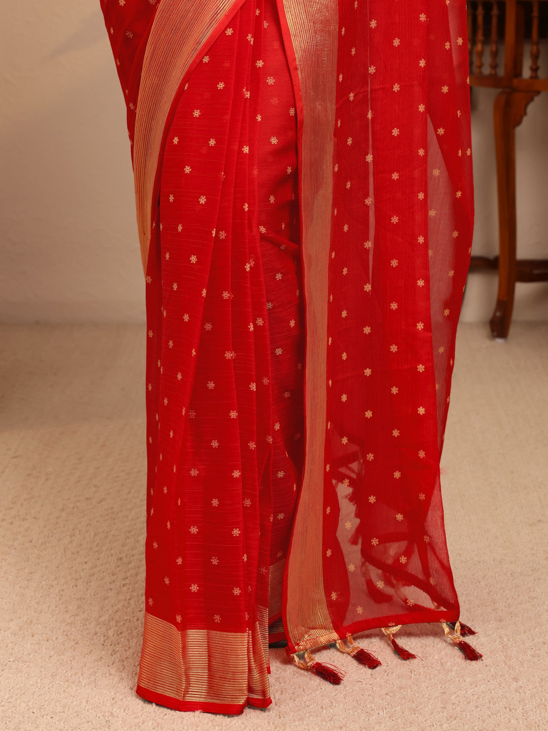  Vermillion Red Floral Printed Georgette Pre Draped Saree 
