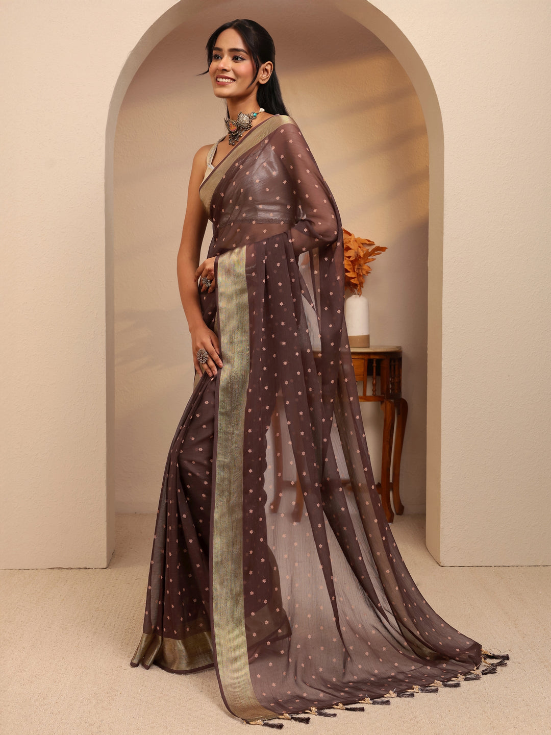  Antique Brown Floral Printed Georgette Pre Draped Saree 