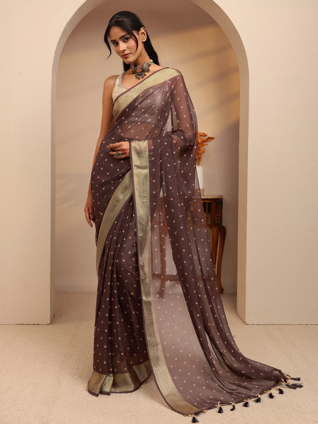  Antique Brown Floral Printed Georgette Pre Draped Saree 