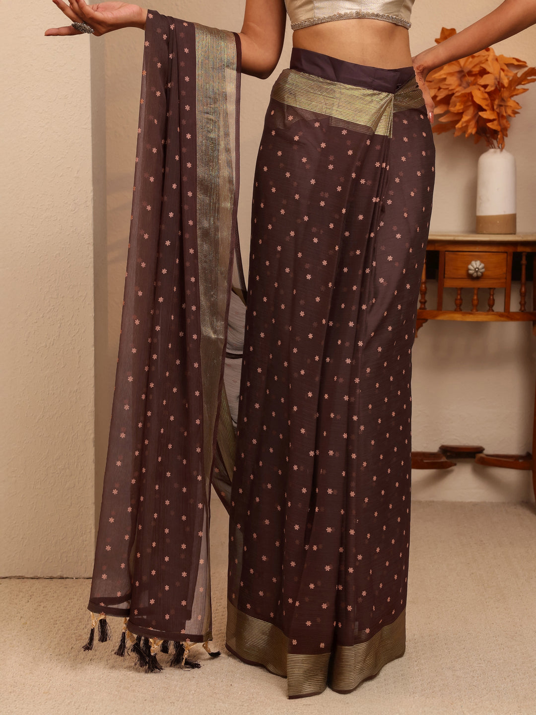  Antique Brown Floral Printed Georgette Pre Draped Saree 