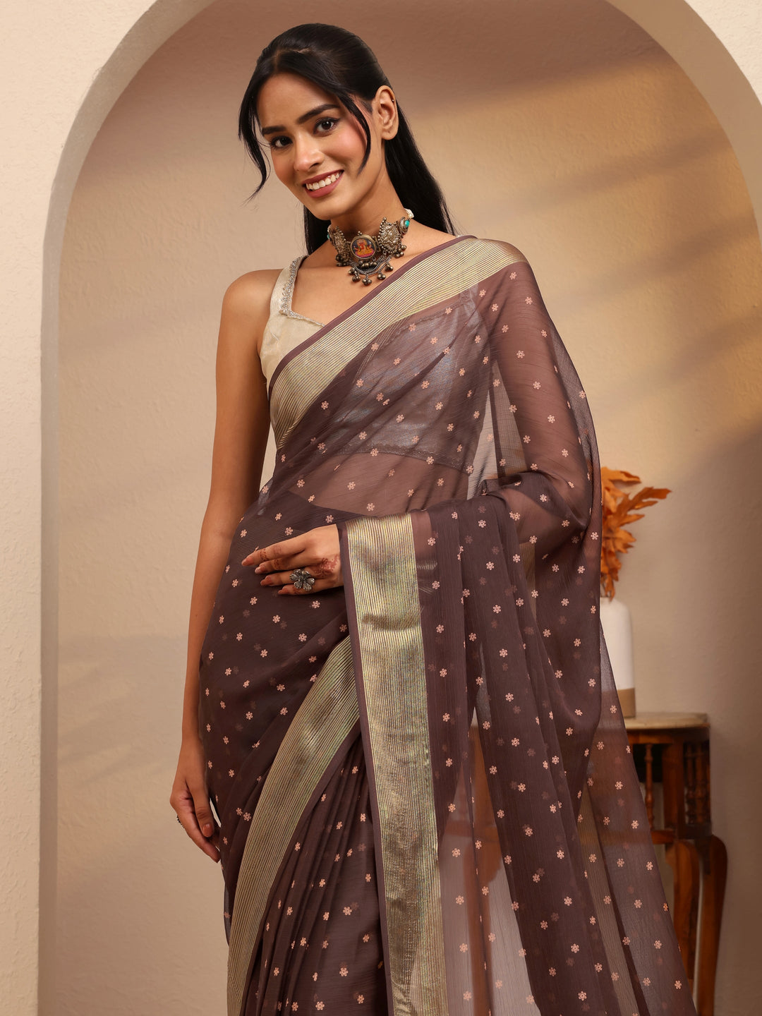  Antique Brown Floral Printed Georgette Pre Draped Saree 