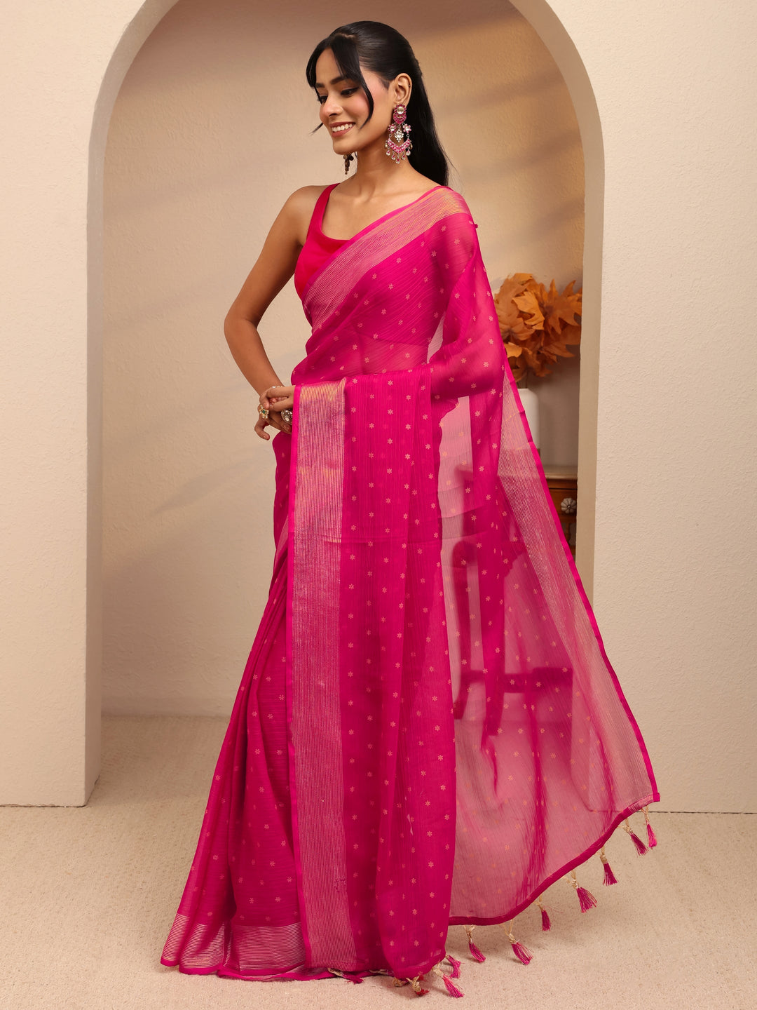  Pink Floral Printed Georgette Pre Draped Saree 