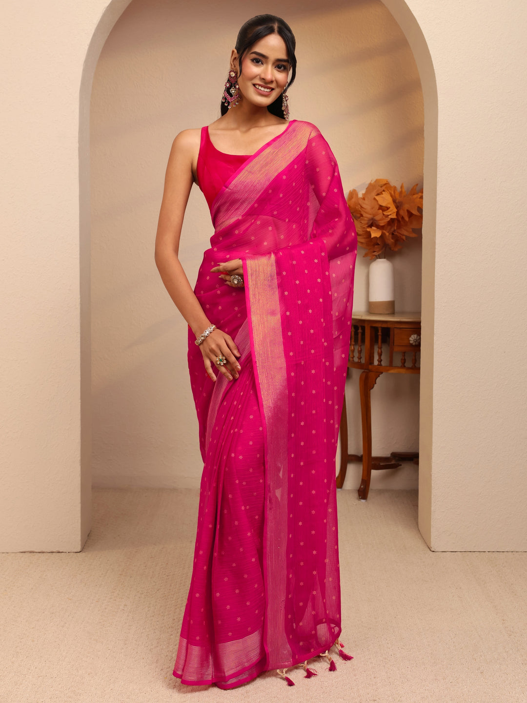  Pink Floral Printed Georgette Pre Draped Saree 