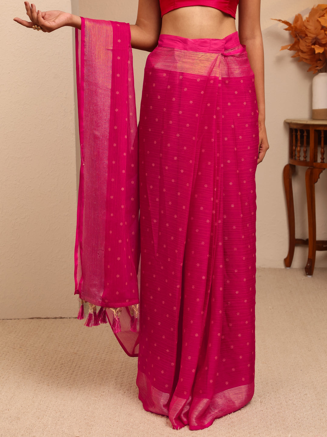  Pink Floral Printed Georgette Pre Draped Saree 