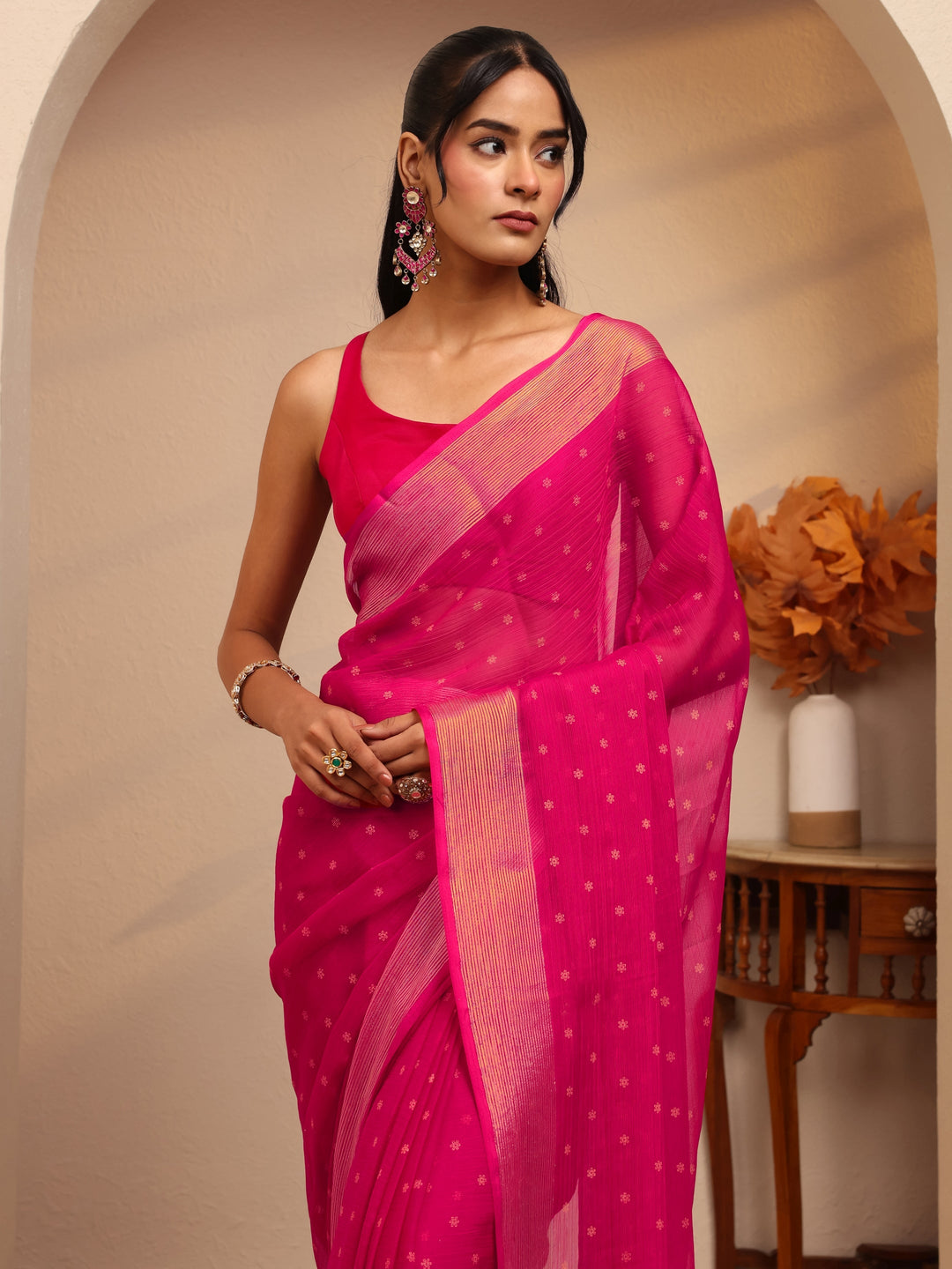  Pink Floral Printed Georgette Pre Draped Saree 