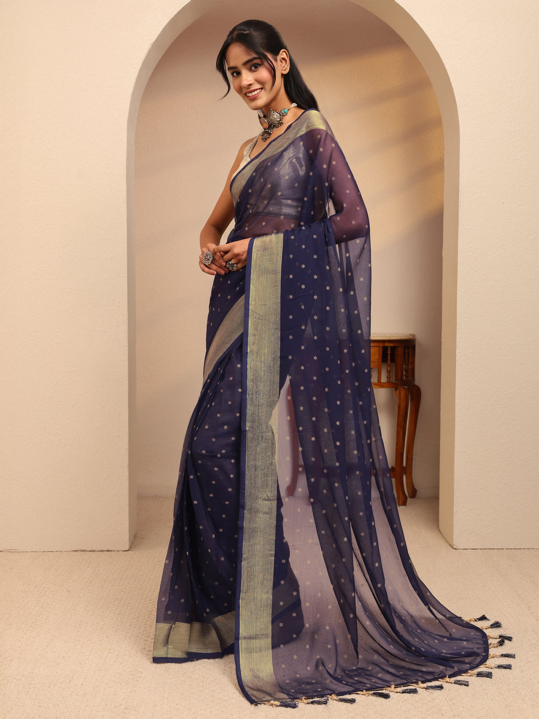  Navy Blue Floral Printed Georgette Pre-Draped Saree 