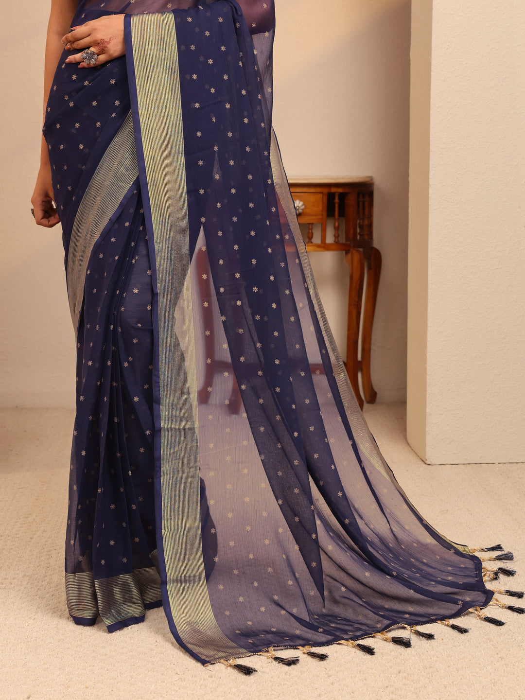  Navy Blue Floral Printed Georgette Pre-Draped Saree 