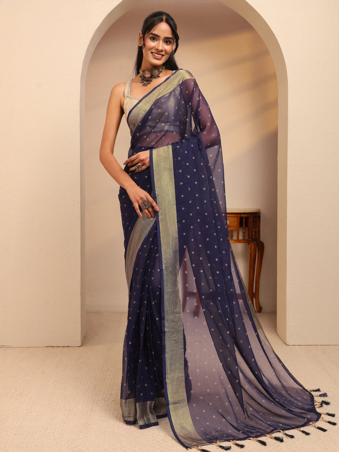  Navy Blue Floral Printed Georgette Pre-Draped Saree 
