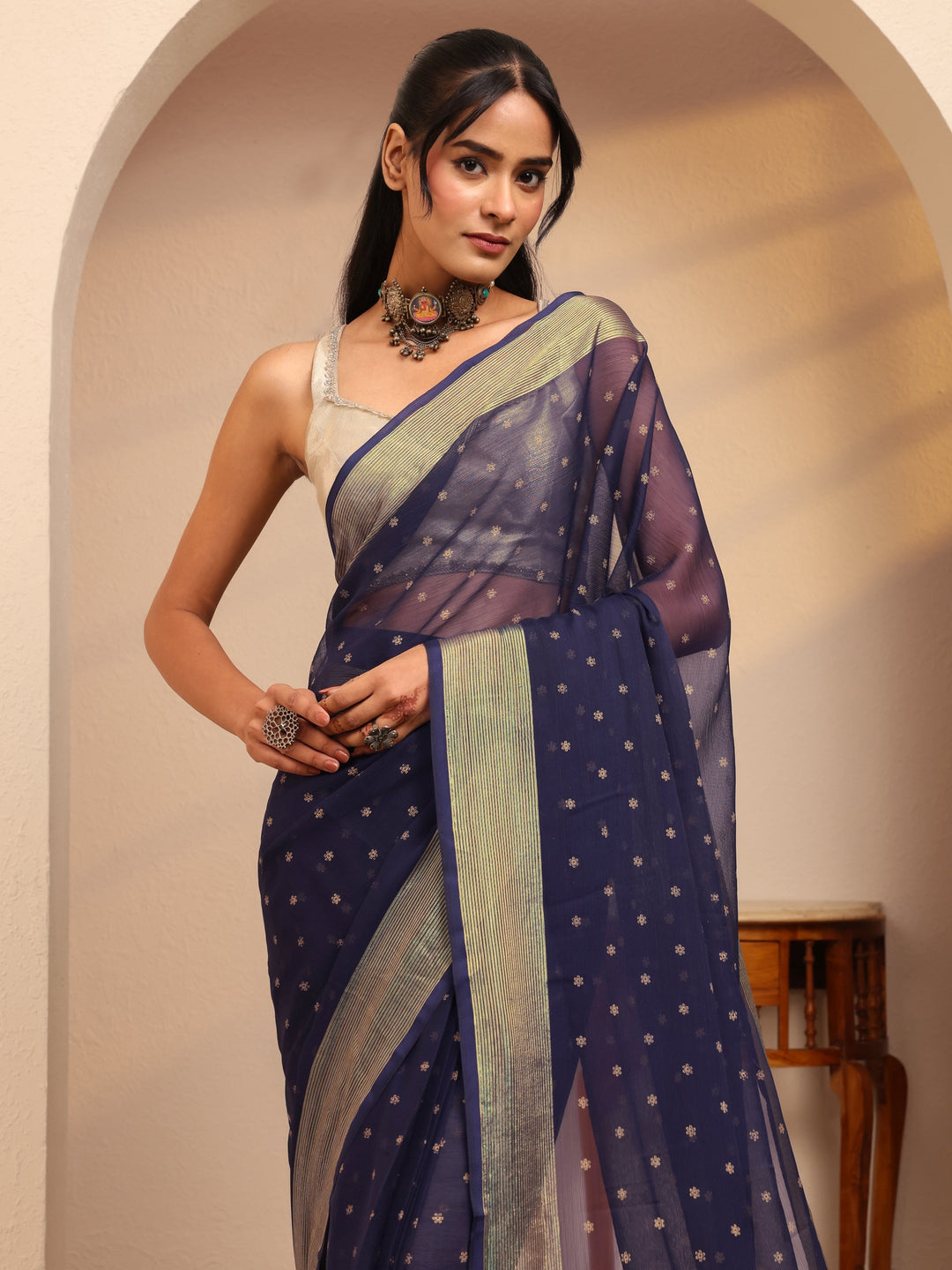  Navy Blue Floral Printed Georgette Pre-Draped Saree 