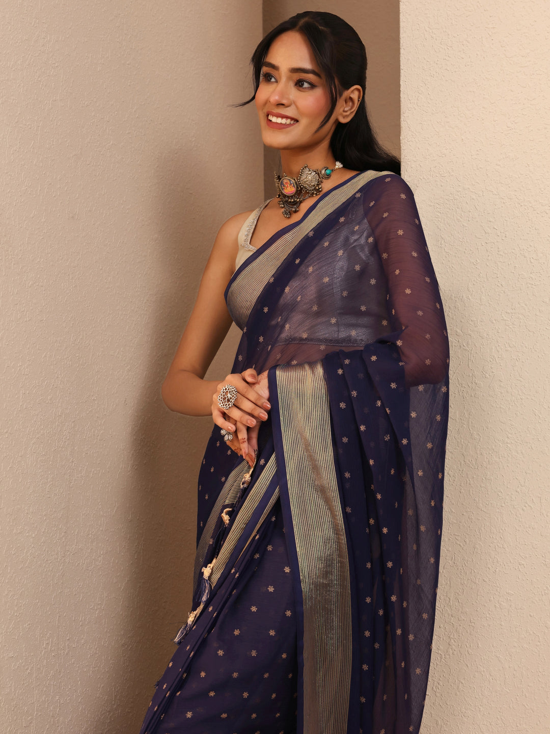  Navy Blue Floral Printed Georgette Pre-Draped Saree 