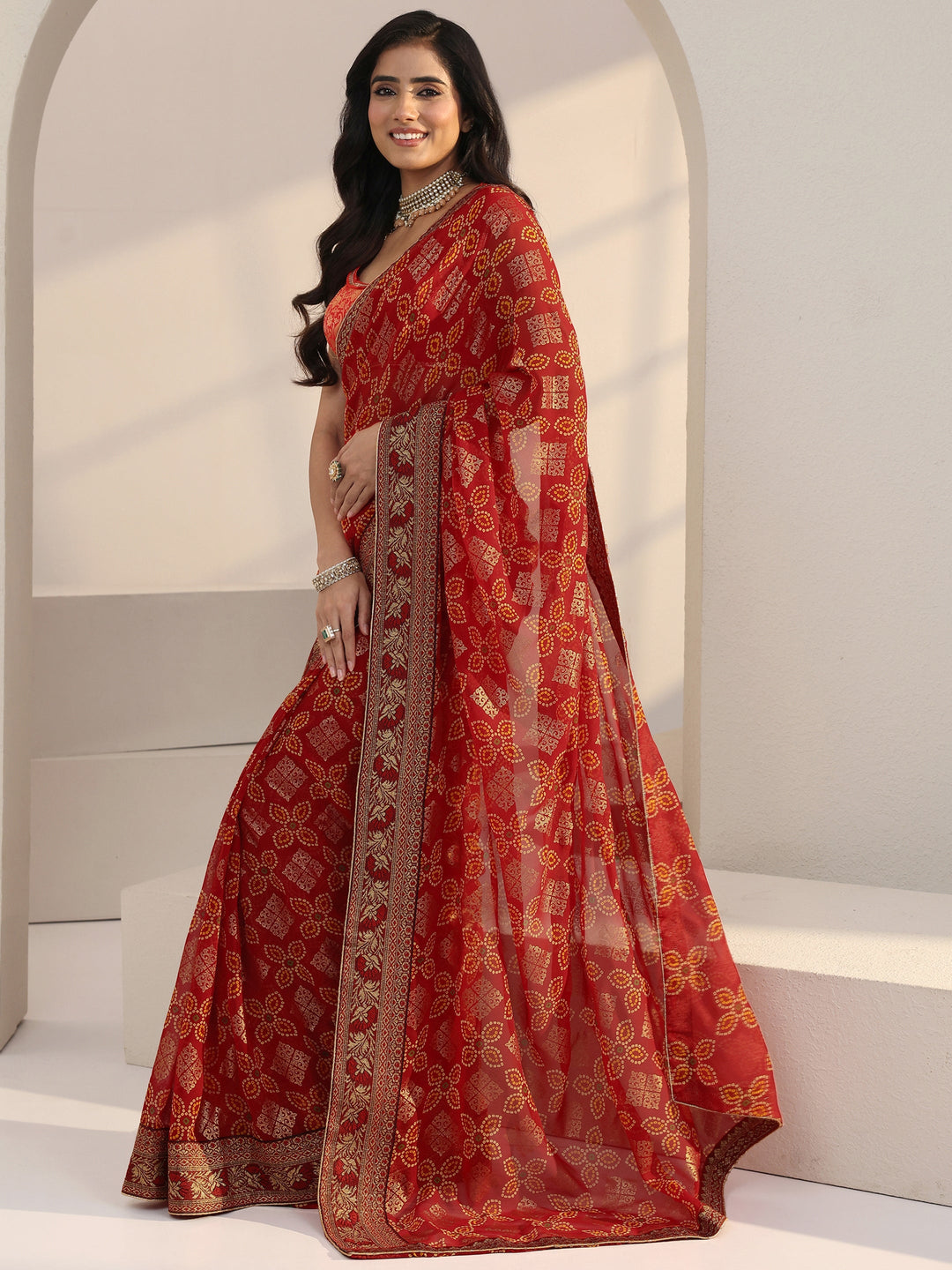  Red Bandhani Print Pre Draped Georgette Saree 