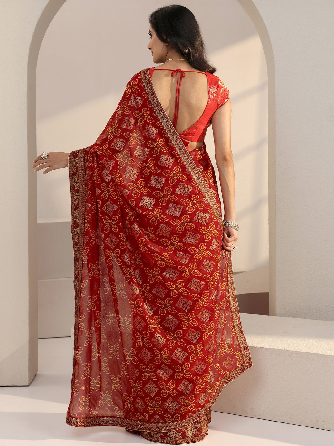  Red Bandhani Print Pre Draped Georgette Saree 