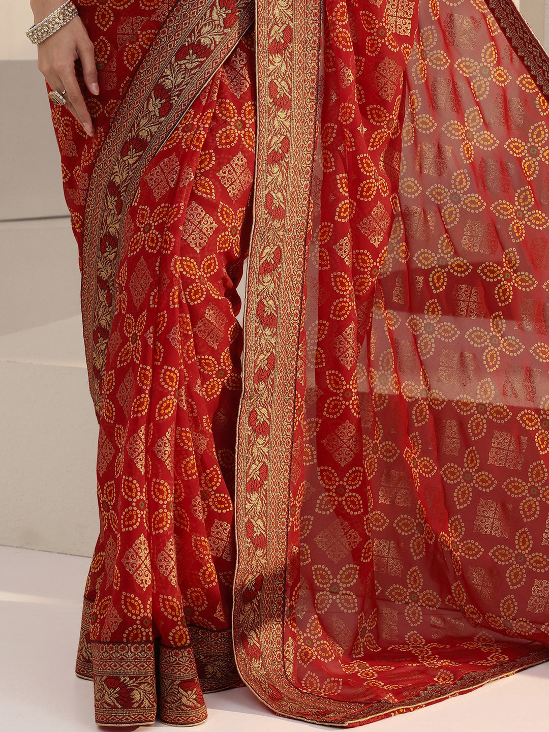  Red Bandhani Print Pre Draped Georgette Saree 