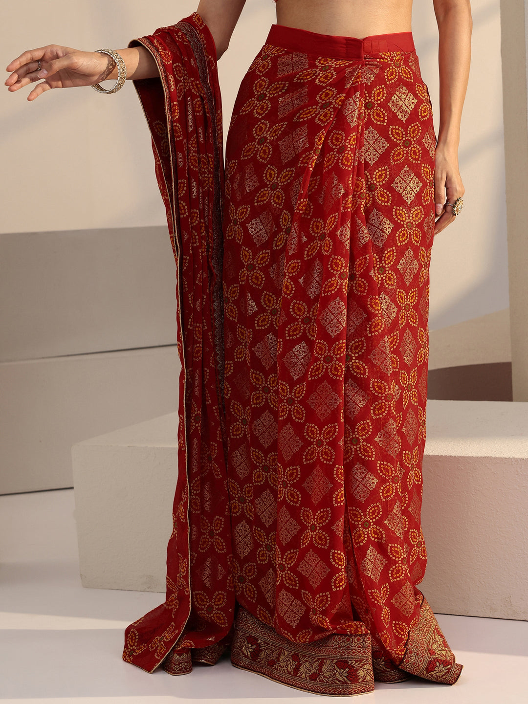  Red Bandhani Print Pre Draped Georgette Saree 
