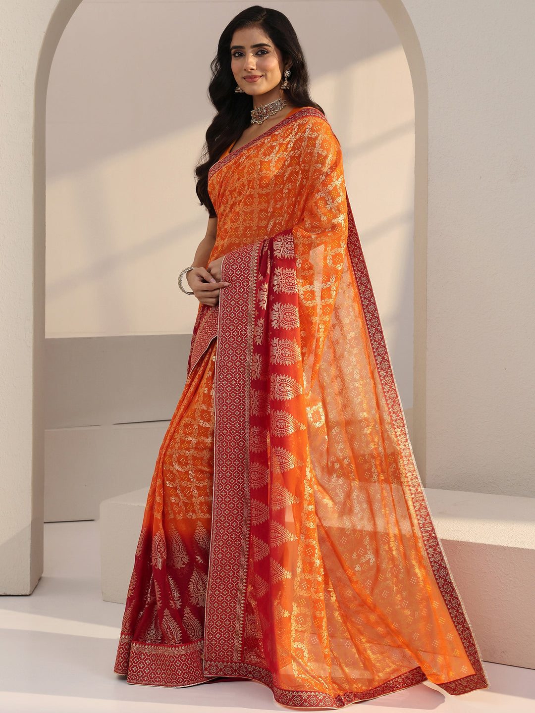  Ombre Orange aand Red Printed Pre Draped Georgette Saree 