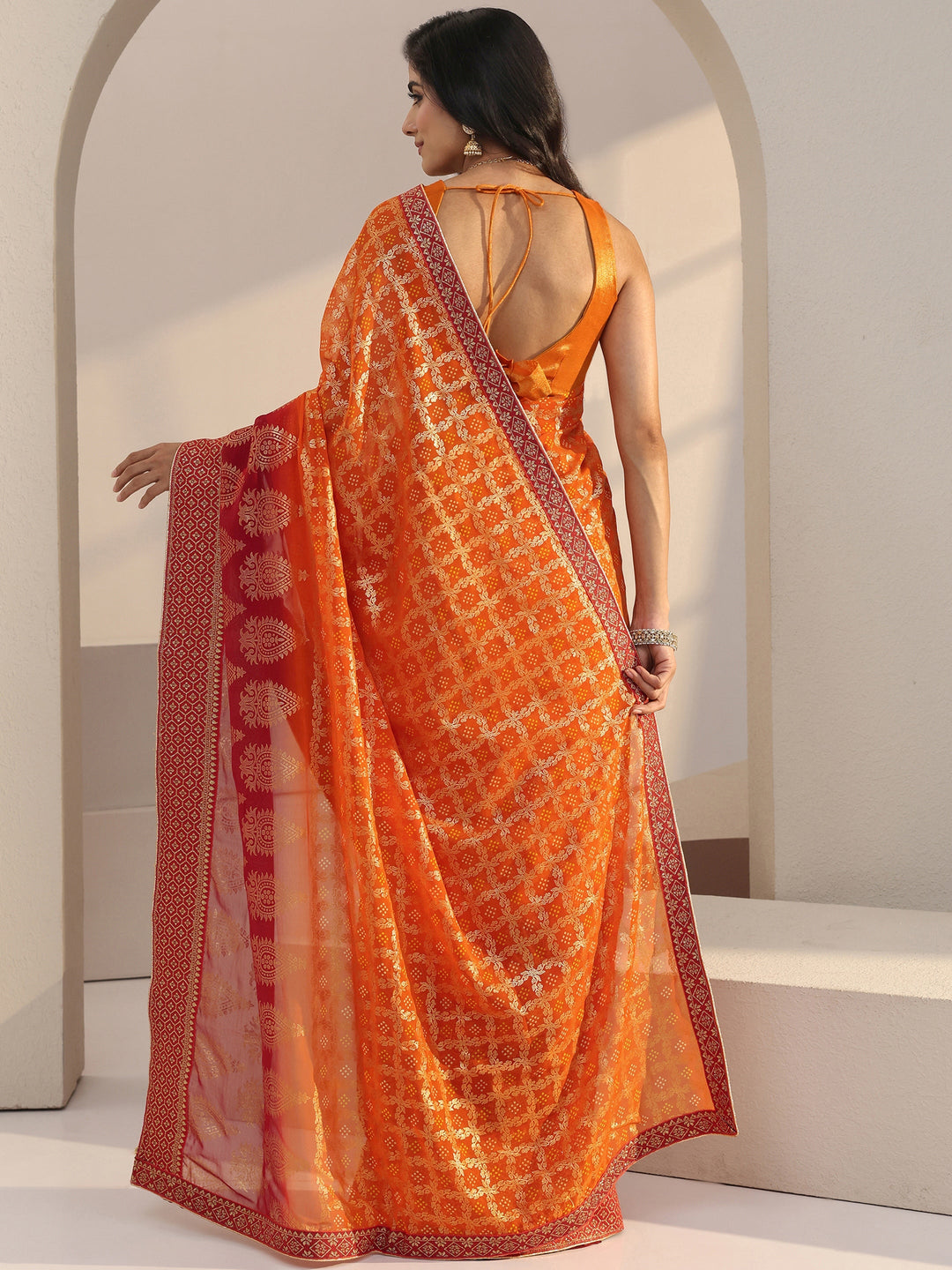  Ombre Orange aand Red Printed Pre Draped Georgette Saree 