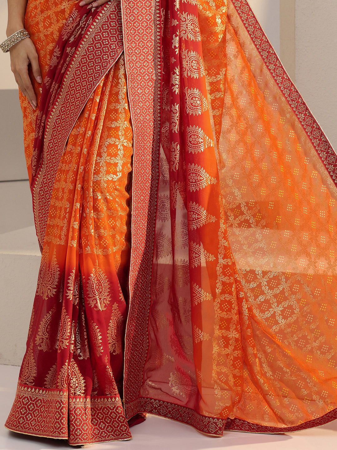  Ombre Orange aand Red Printed Pre Draped Georgette Saree 