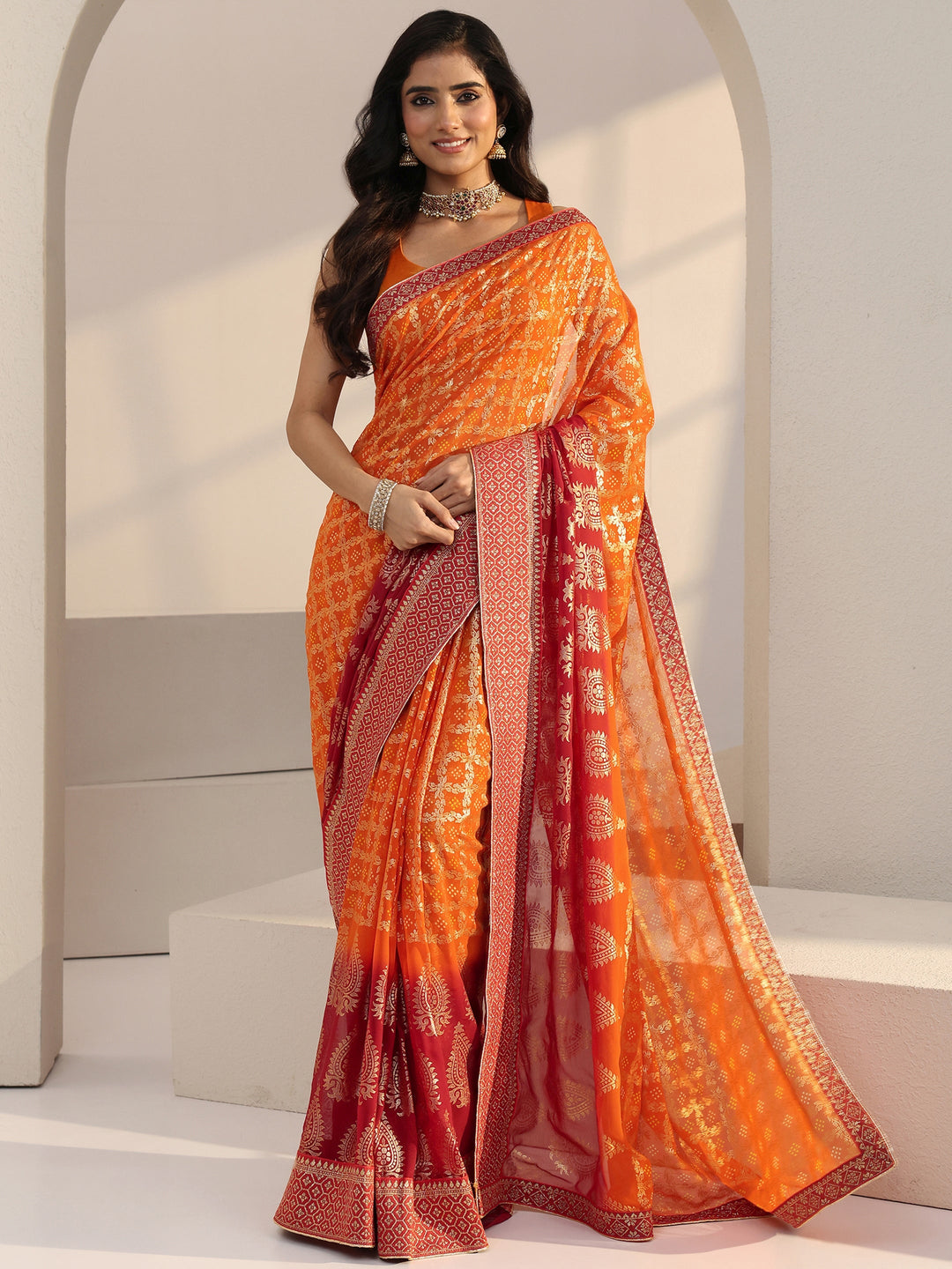  Ombre Orange aand Red Printed Pre Draped Georgette Saree 