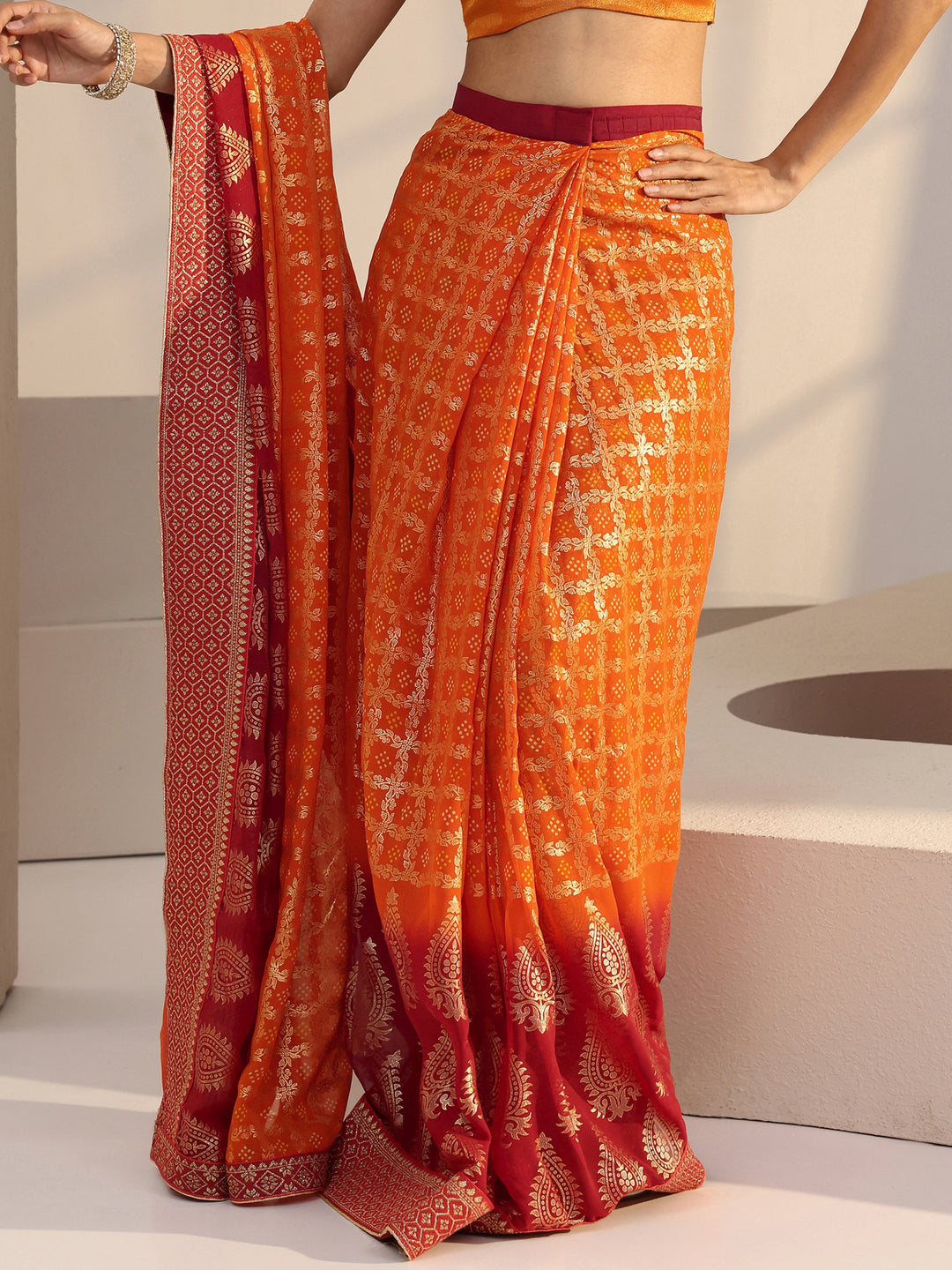  Ombre Orange aand Red Printed Pre Draped Georgette Saree 