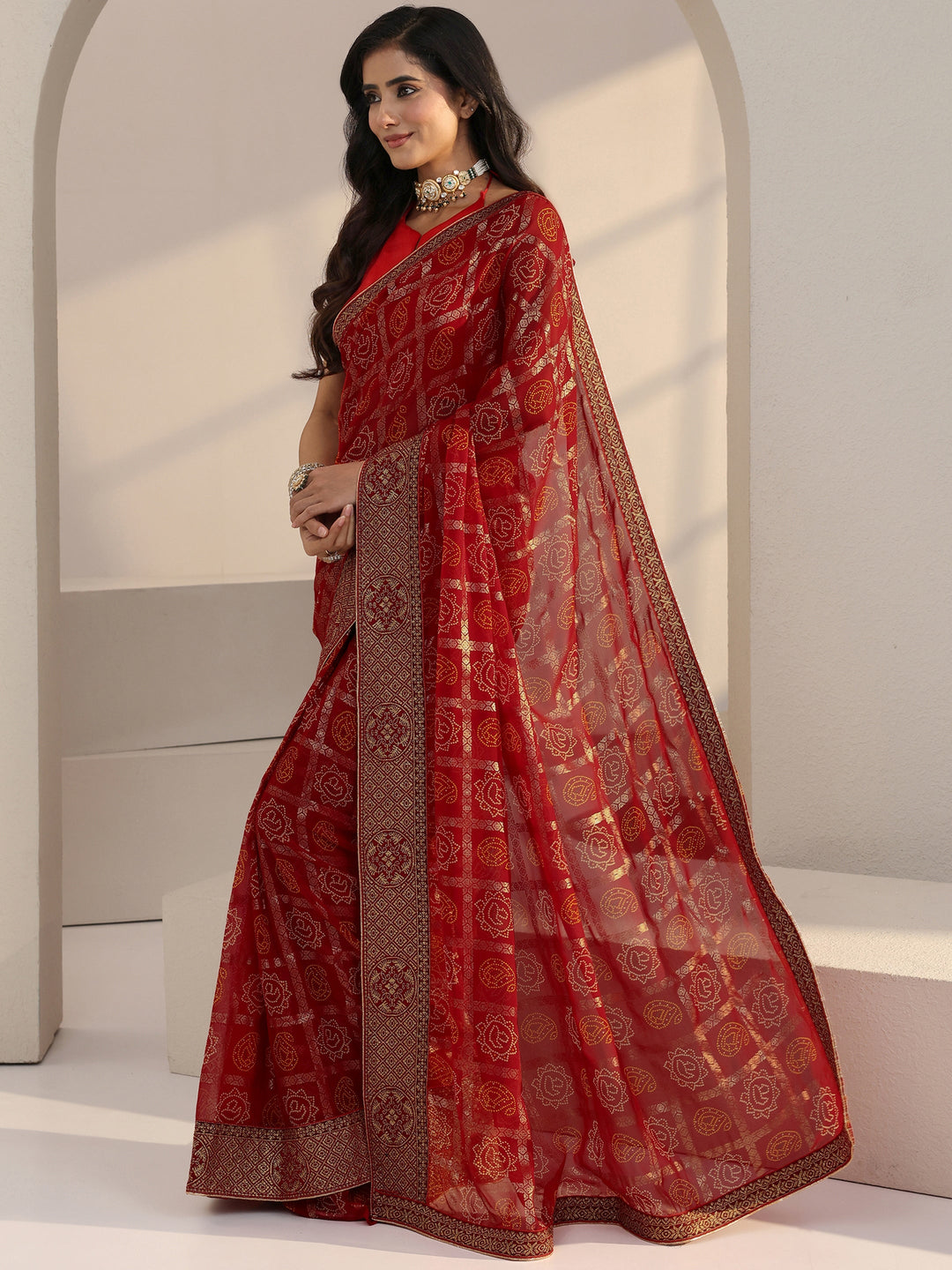  Red Bandhani Print Pre Draped Georgette Gharchola Saree 