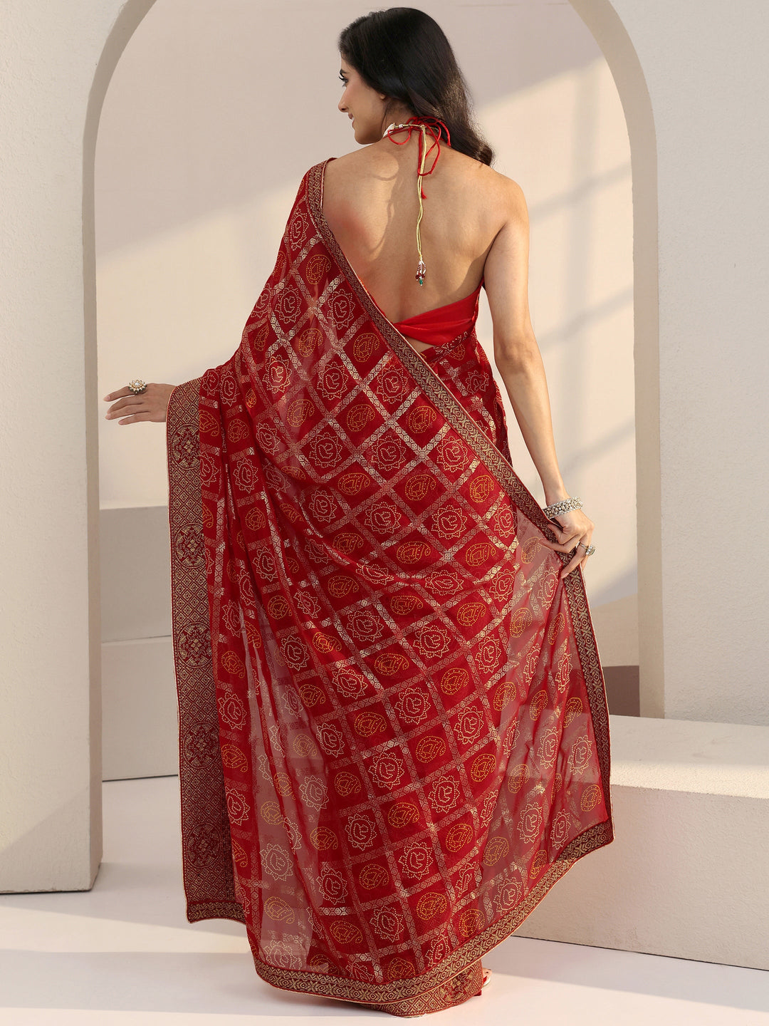  Red Bandhani Print Pre Draped Georgette Gharchola Saree 