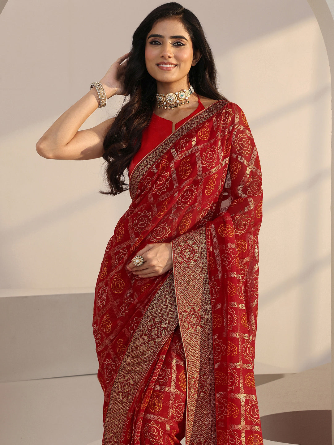  Red Bandhani Print Pre Draped Georgette Gharchola Saree 