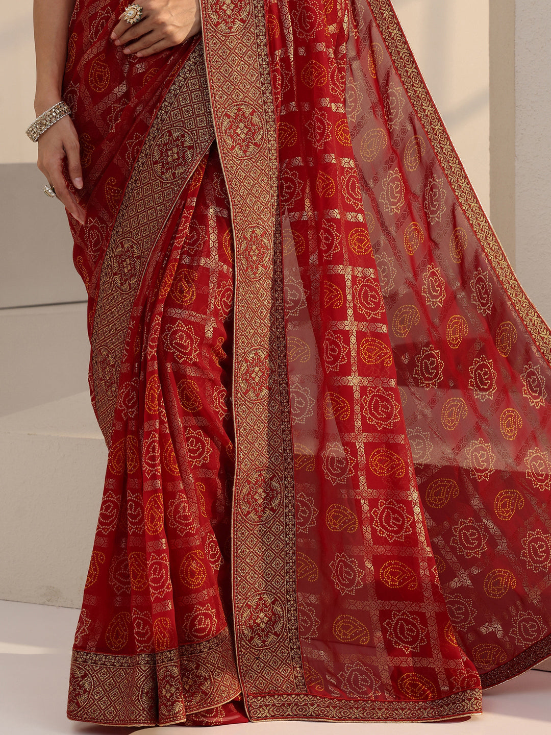  Red Bandhani Print Pre Draped Georgette Gharchola Saree 
