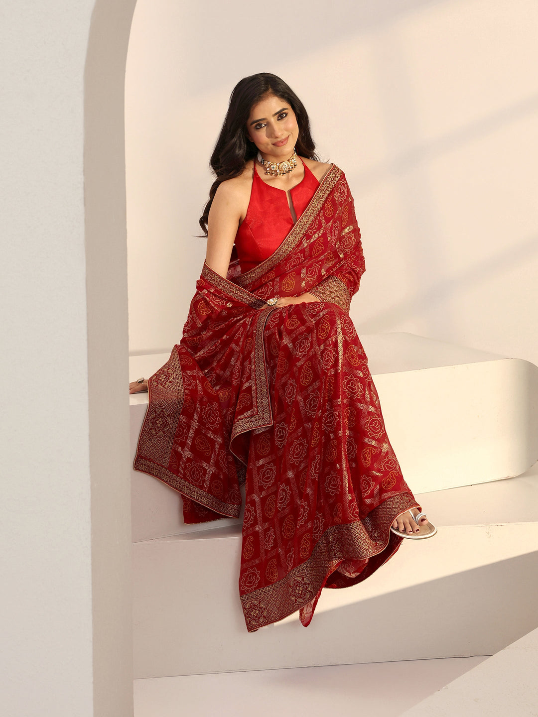 Red Bandhani Print Pre Draped Georgette Gharchola Saree 