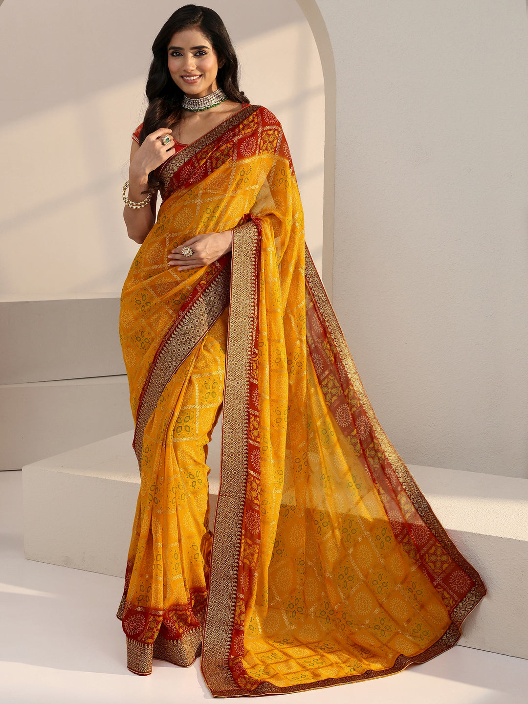  Mustard Print Pre Draped Georgette Gharchola Saree 
