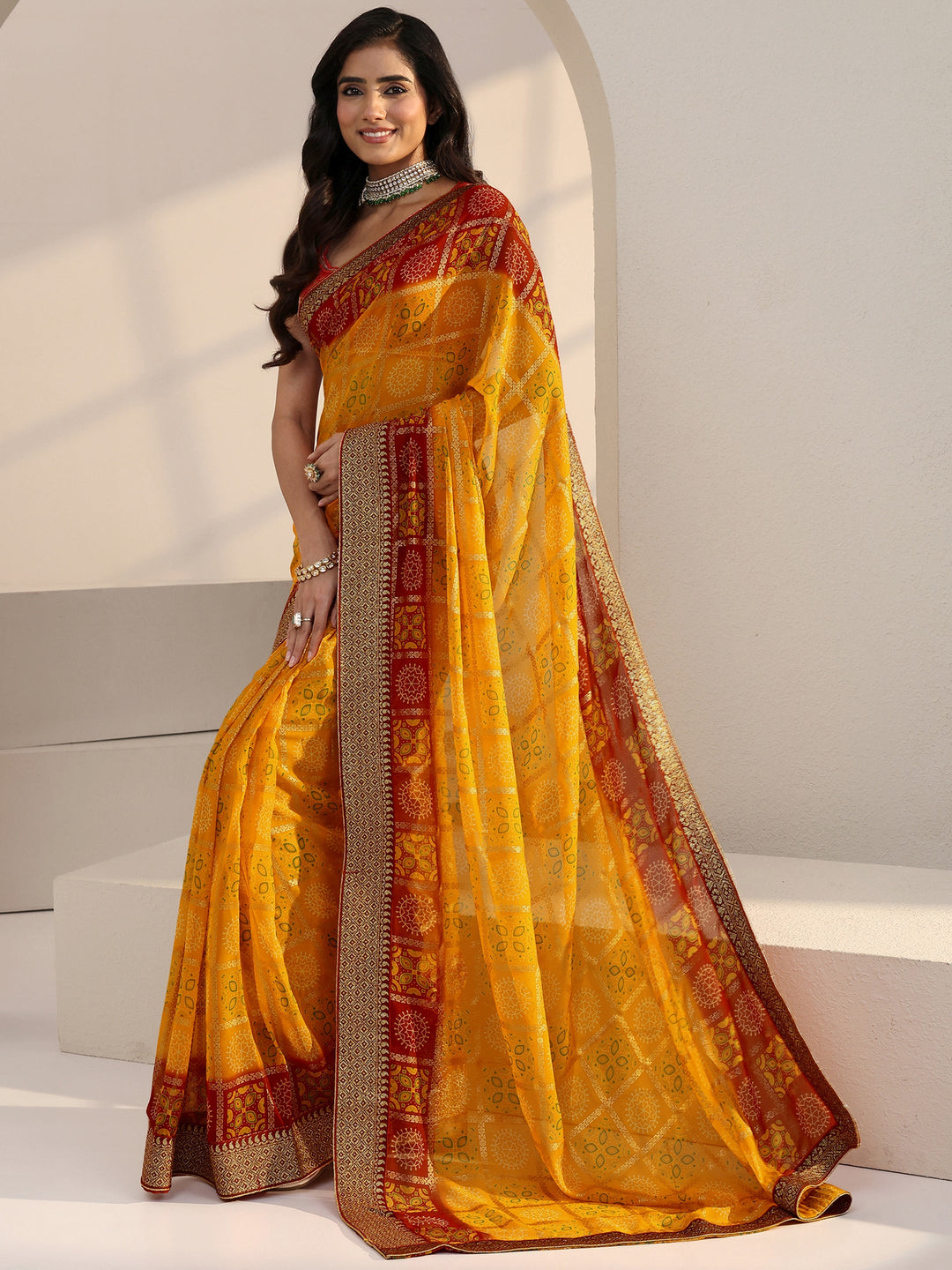  Mustard Print Pre Draped Georgette Gharchola Saree 
