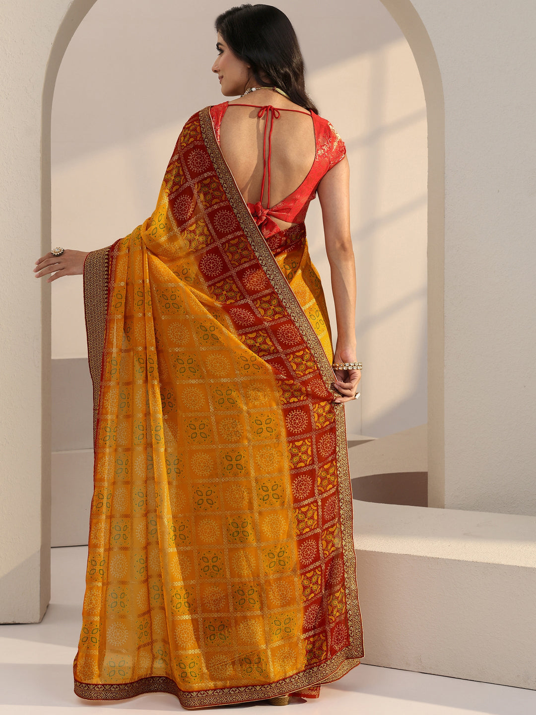  Mustard Print Pre Draped Georgette Gharchola Saree 